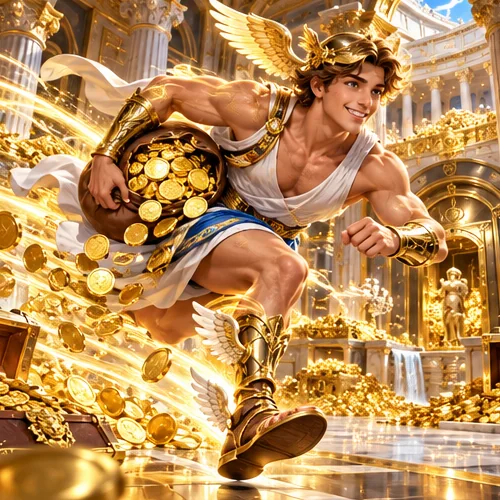 Hermes sprinting with a sack of gold coins