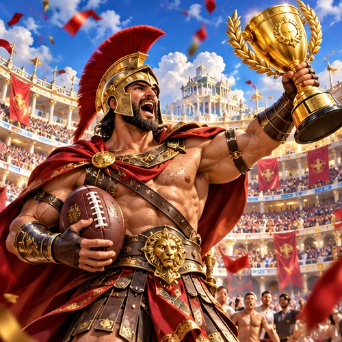 A Spartan champion lifting a golden trophy