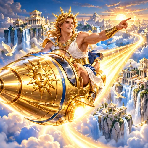 Apollo riding a golden rocket over the clouds